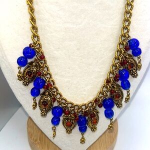1928 Brand Bib Necklace Victorian Revival Cobalt Blue Beads Goldtone Charms